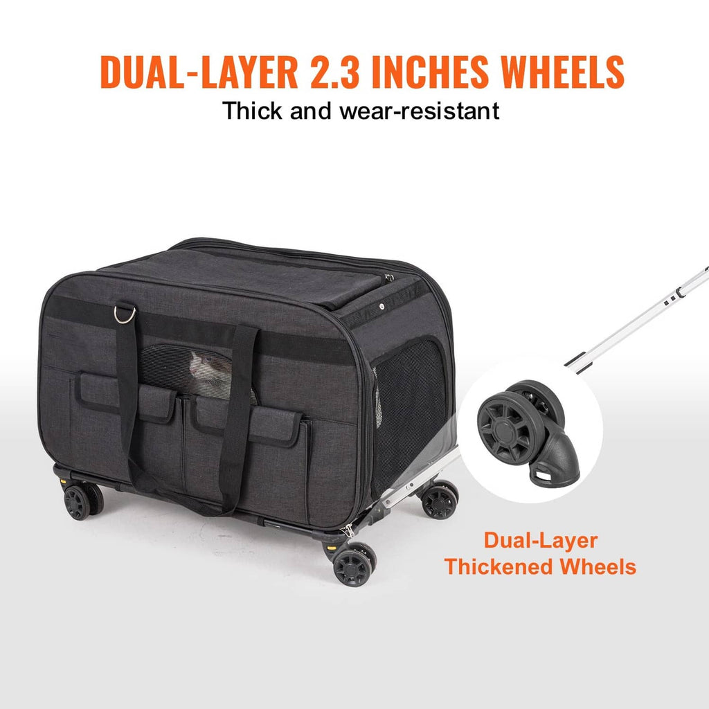 Black rolling pet carrier with thick wheels and front mesh window