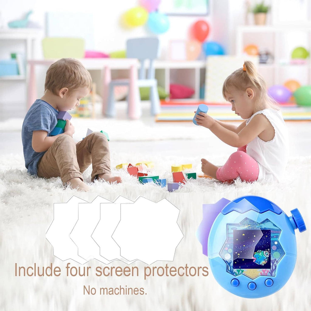 Four screen protectors shown with blue handheld Tamagotchi device