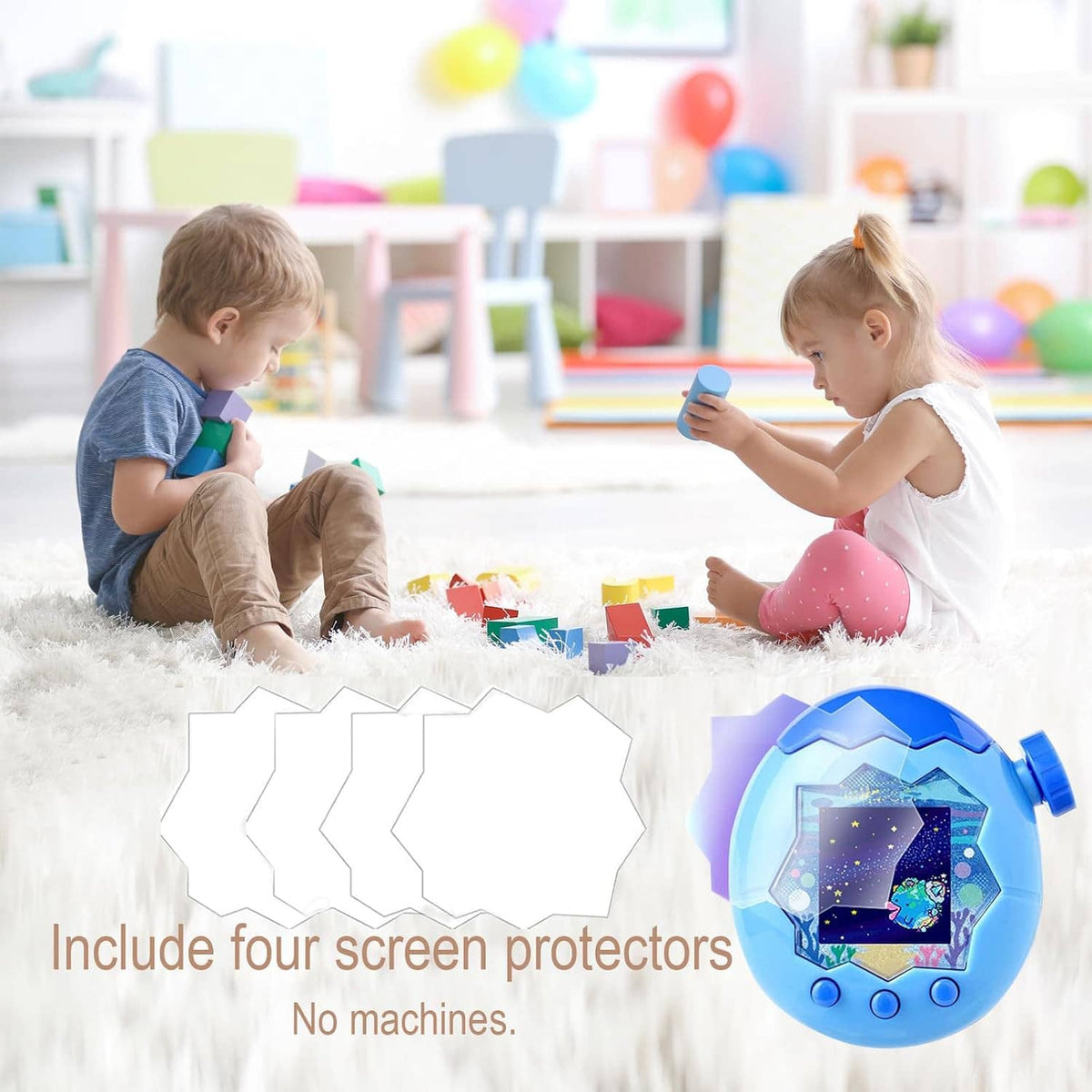 Four screen protectors shown with blue handheld Tamagotchi device