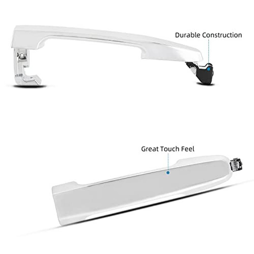Exterior door handle underside view with mounting bracket; white handle, metal latch end