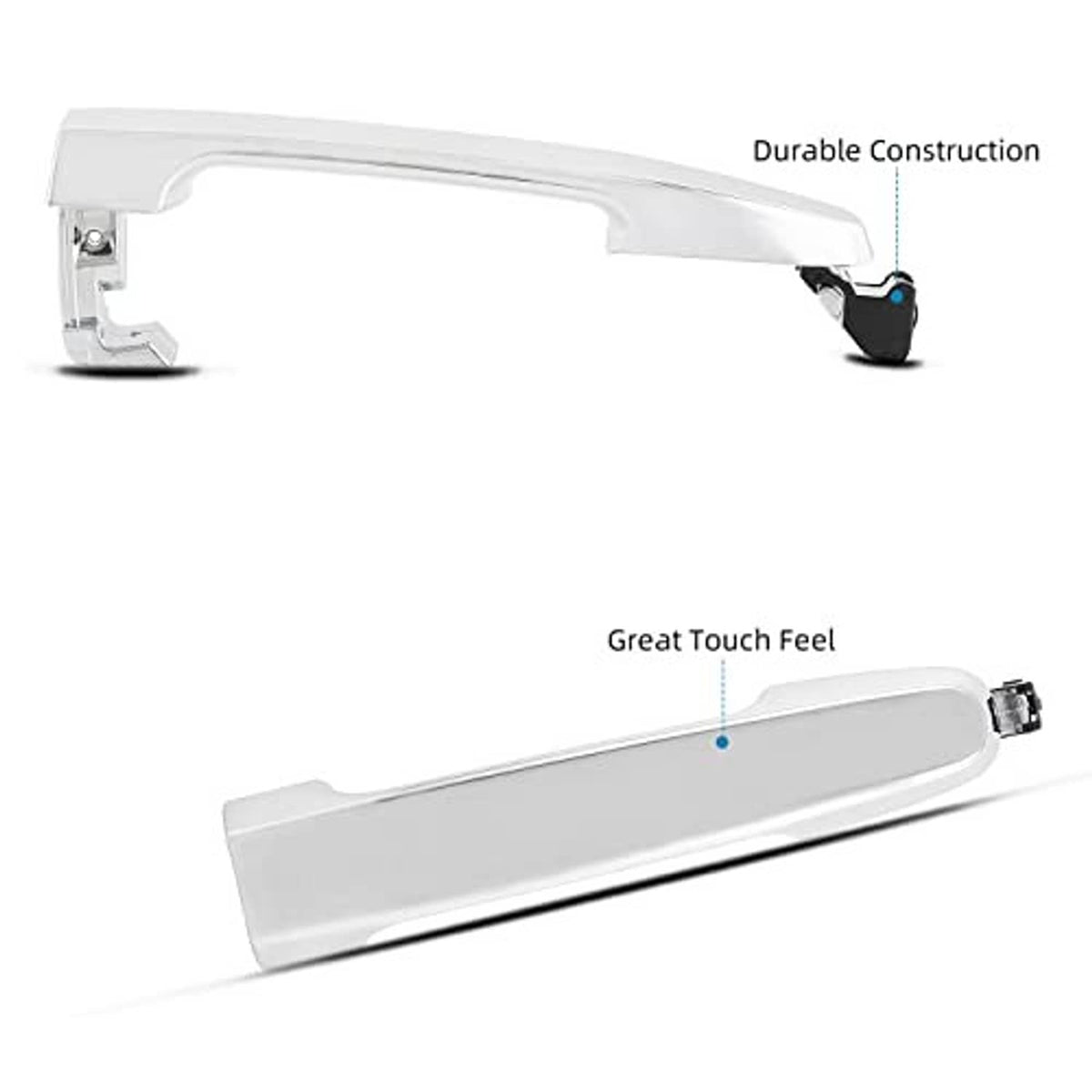 Exterior door handle underside view with mounting bracket; white handle, metal latch end