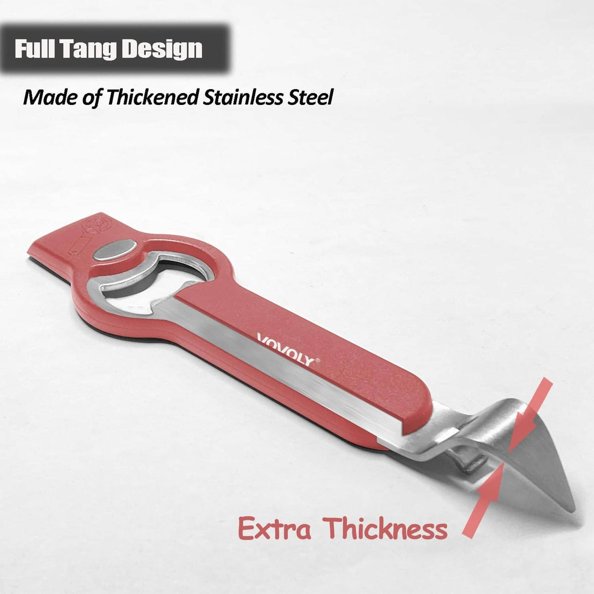 Red full-tang stainless 3-in-1 opener with extra-thick body