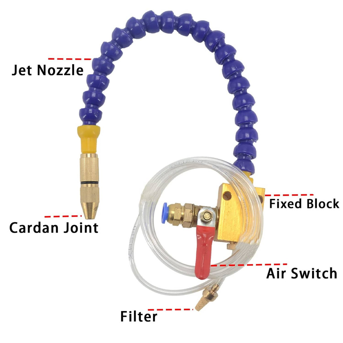 CNC mist coolant spray nozzle set with blue coiled line, cardan joint, and filter