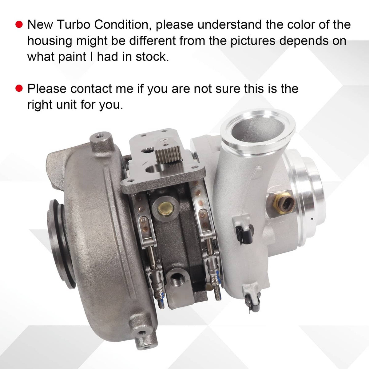 Turbocharger with silver housings and black inlet housing, side view with actuator parts.