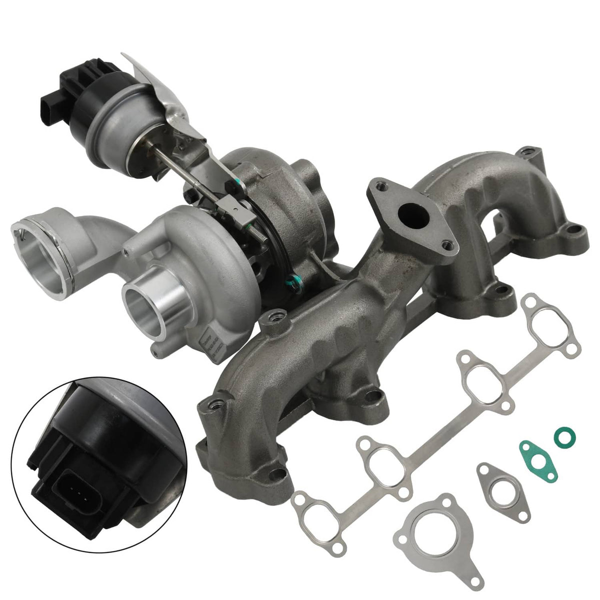 Turbocharger assembly with mounting flange, metal housing, and included gasket set