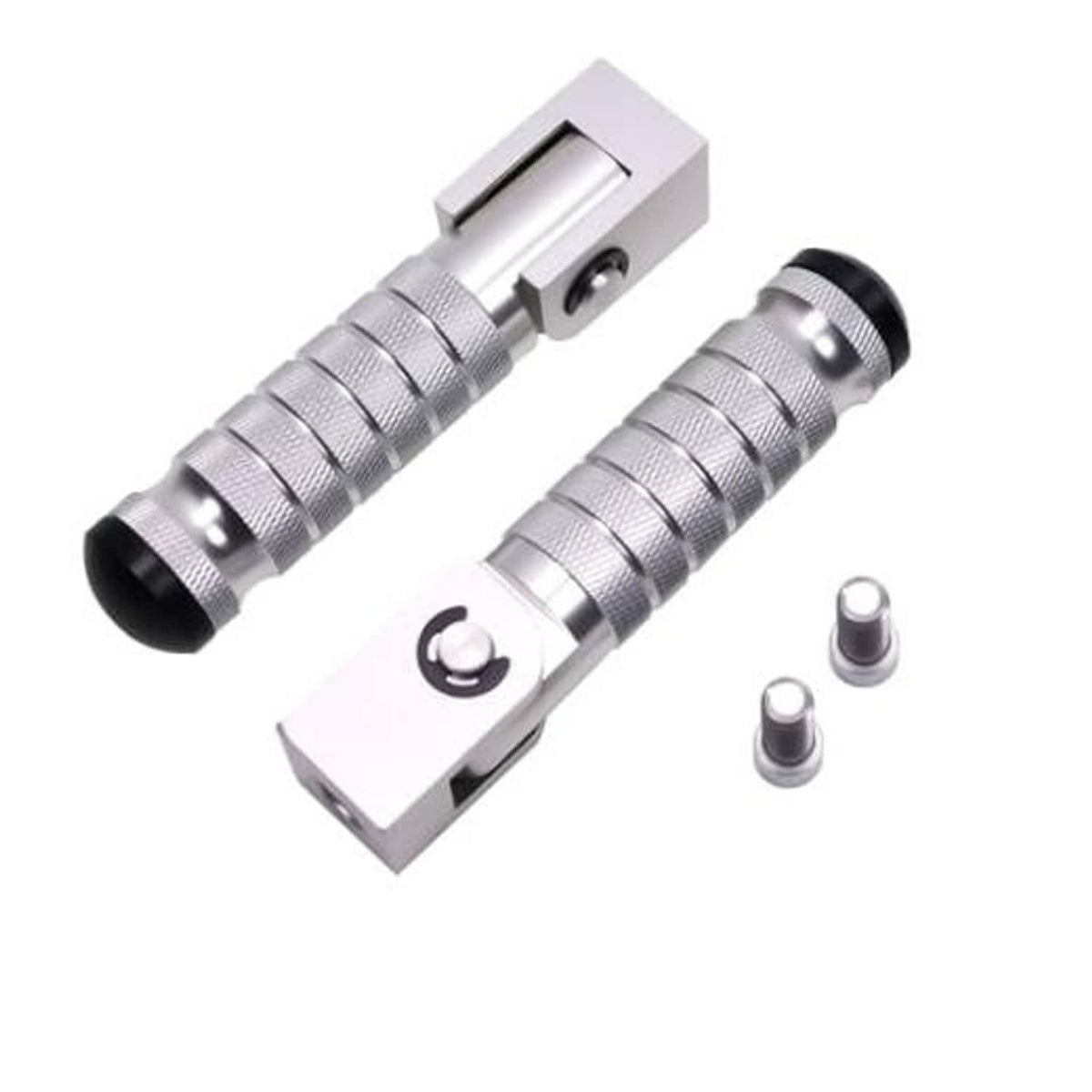 Silver folding foot peg pair with textured grips and screws included