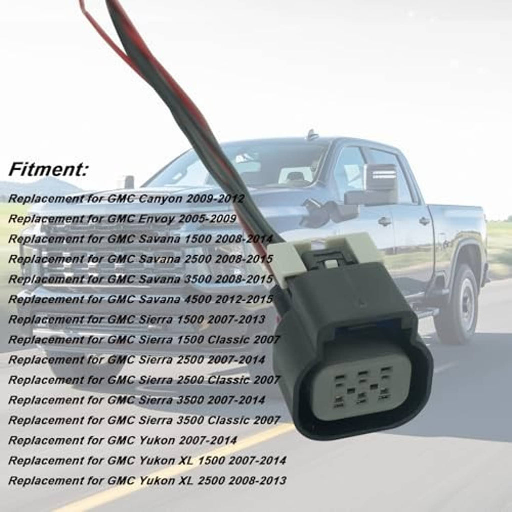 6-pin throttle connector plug with wiring leads and vehicle fitment listing background