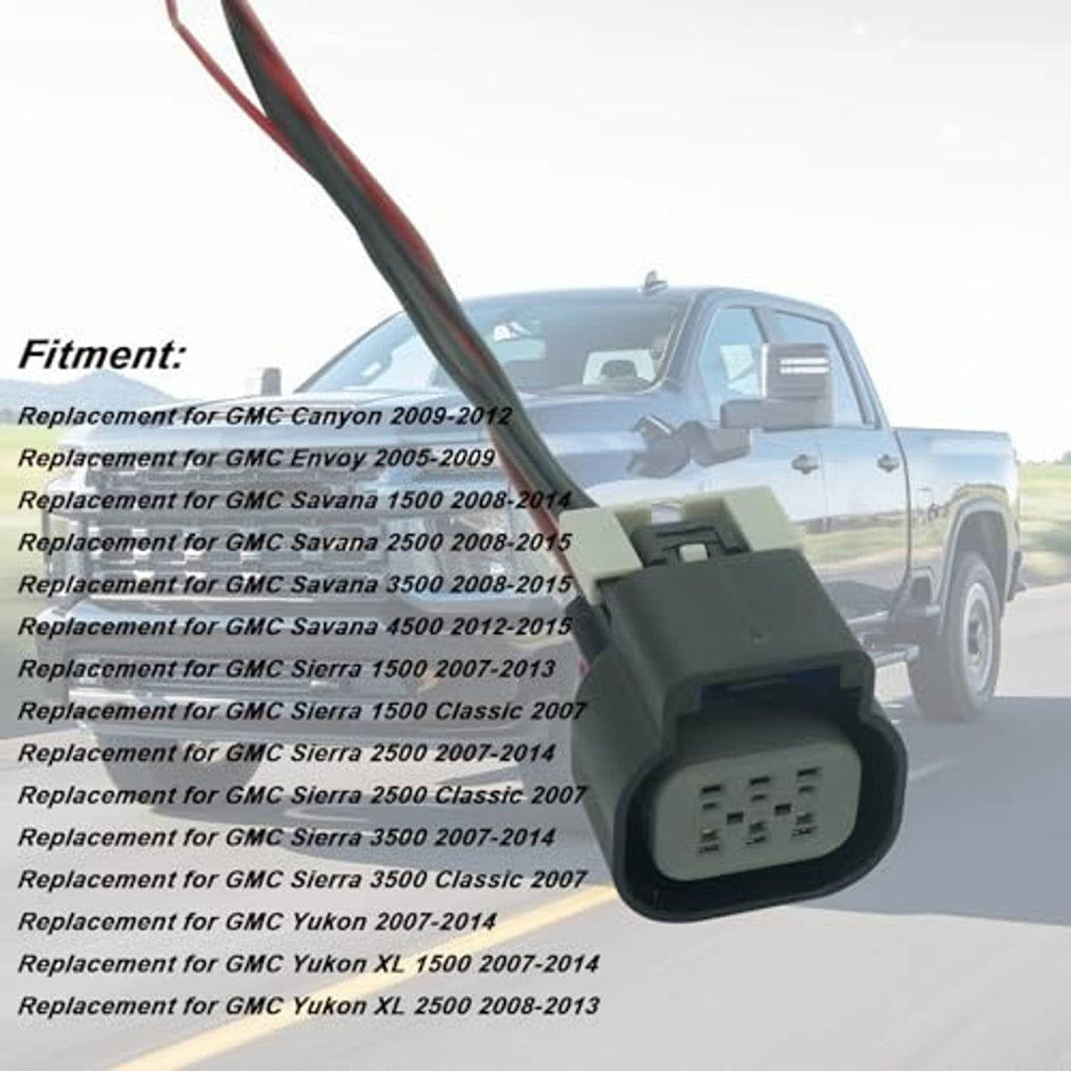 6-pin throttle connector plug with wiring leads and vehicle fitment listing background