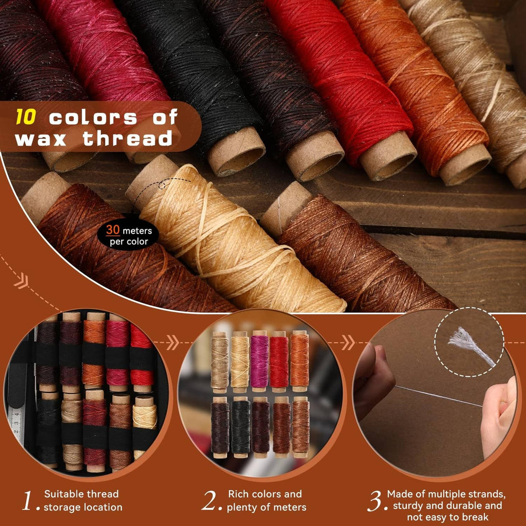 Close-up of multiple colors of waxed thread spools on a wooden board