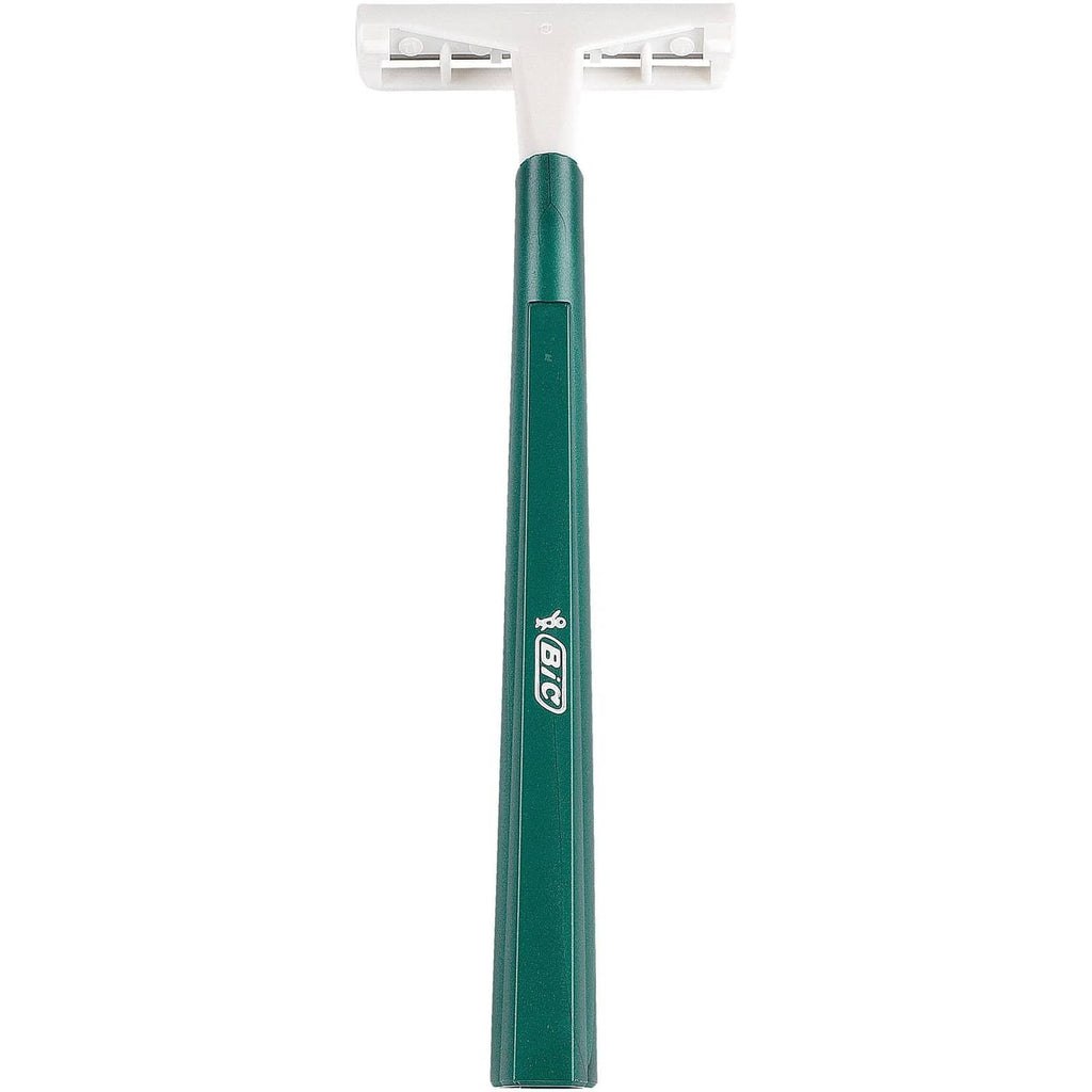 Disposable twin-blade razor with green handle and white cartridge head, side view