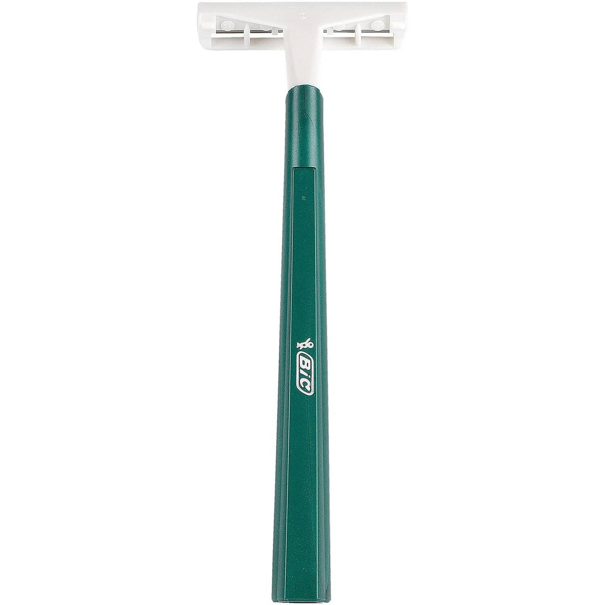 Disposable twin-blade razor with green handle and white cartridge head, side view