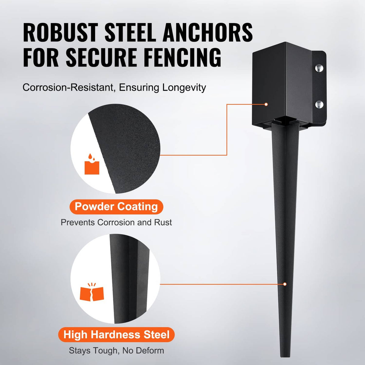 Black steel fence post anchor spike with square mounting plate and pointed ground stake.