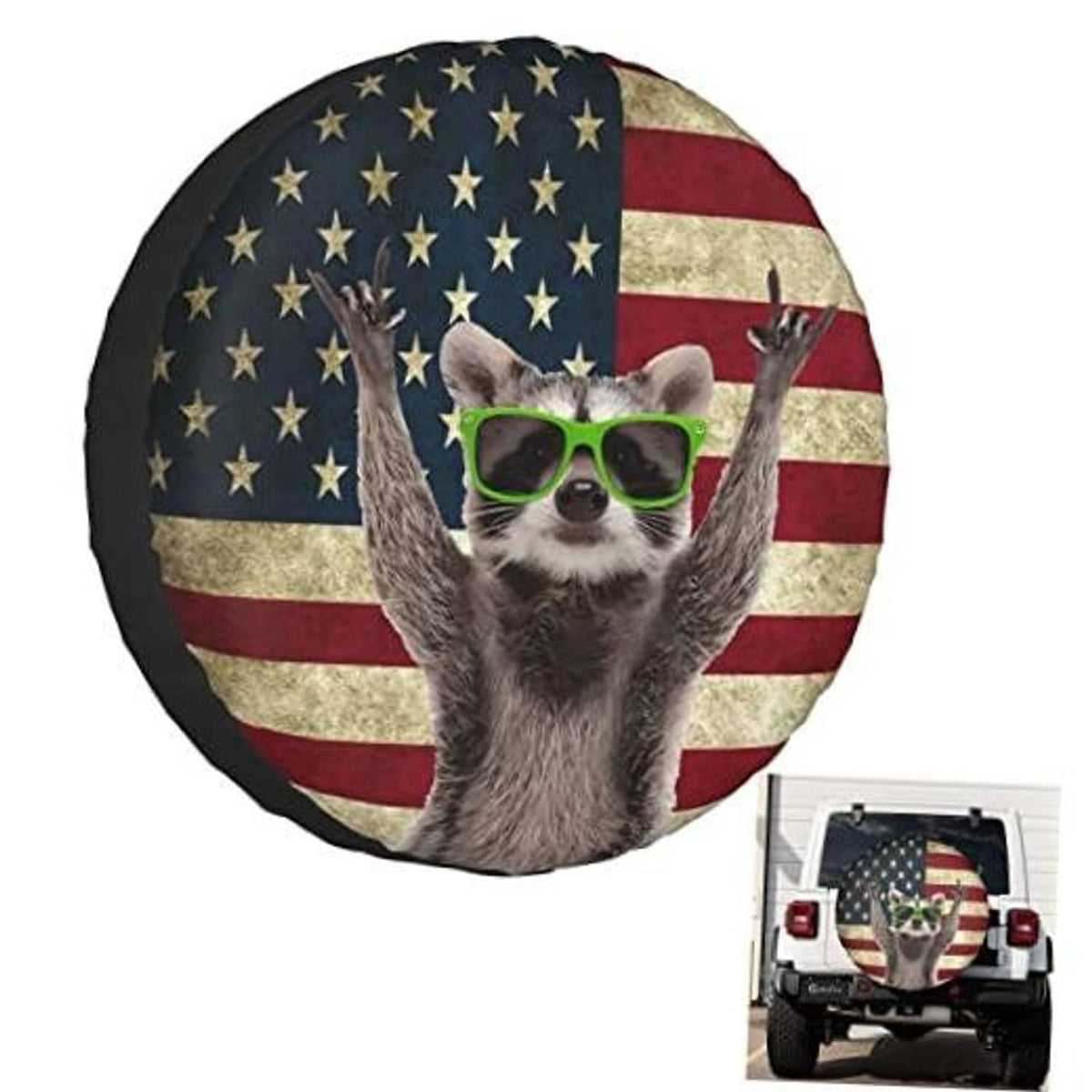 RV spare tire cover with raccoon wearing green sunglasses on American flag design