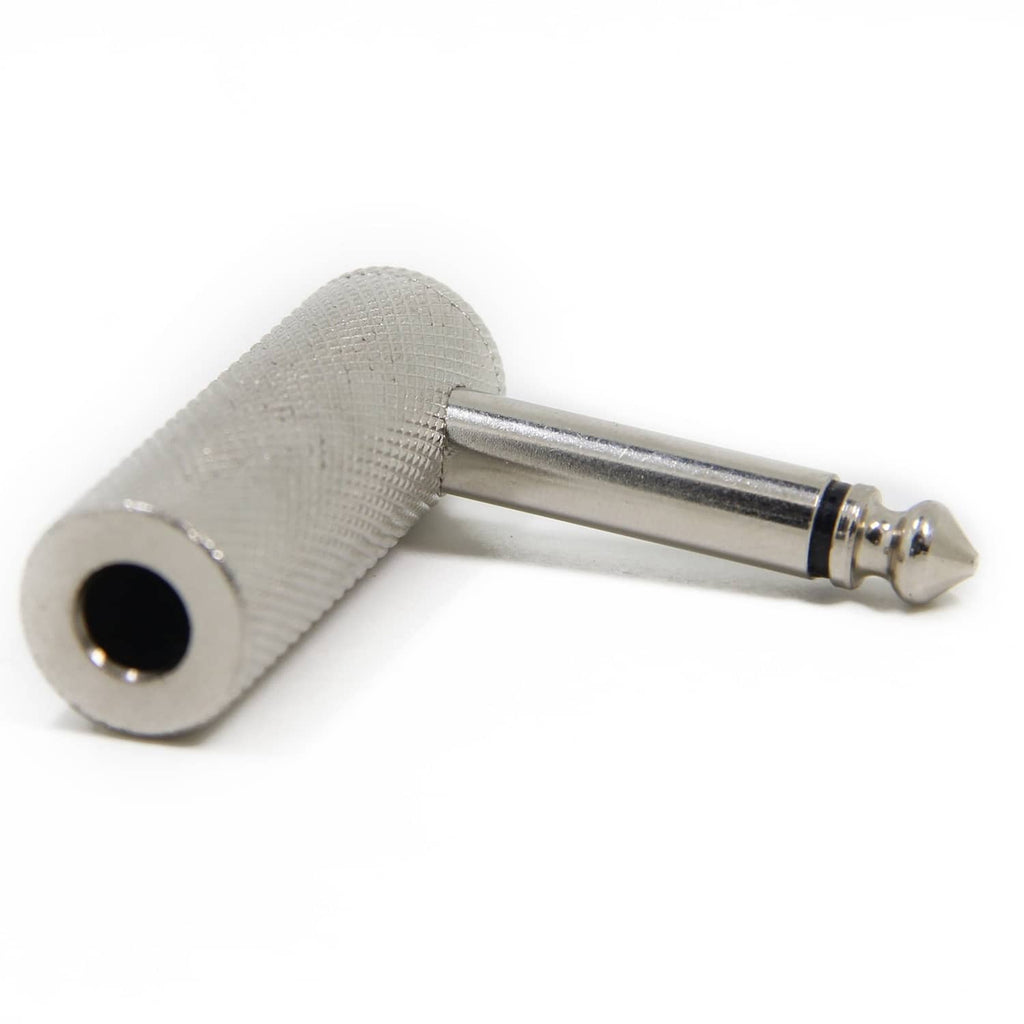 Right-angle 1/4-inch guitar adapter plug, textured gray body with silver connector tip