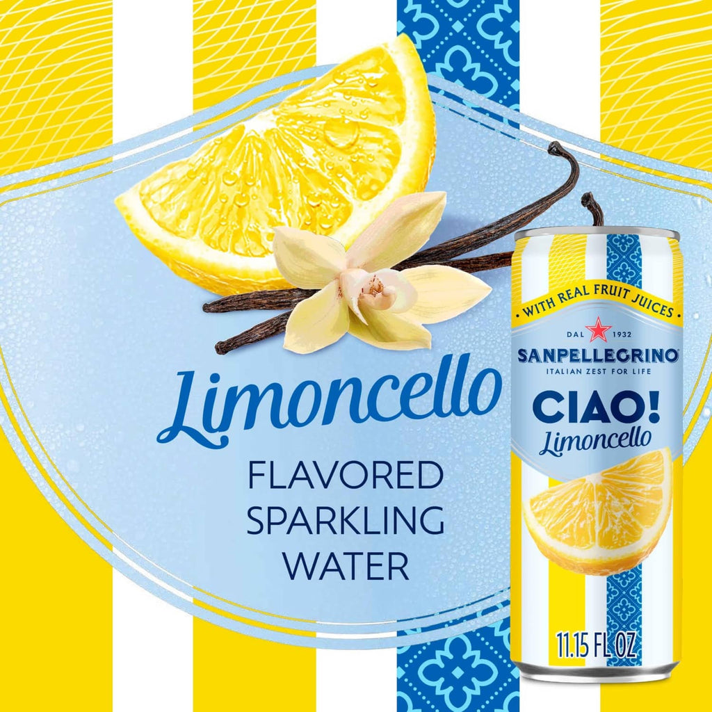 Sanpellegrino Ciao limoncello flavored sparkling water can with lemon and lime graphics