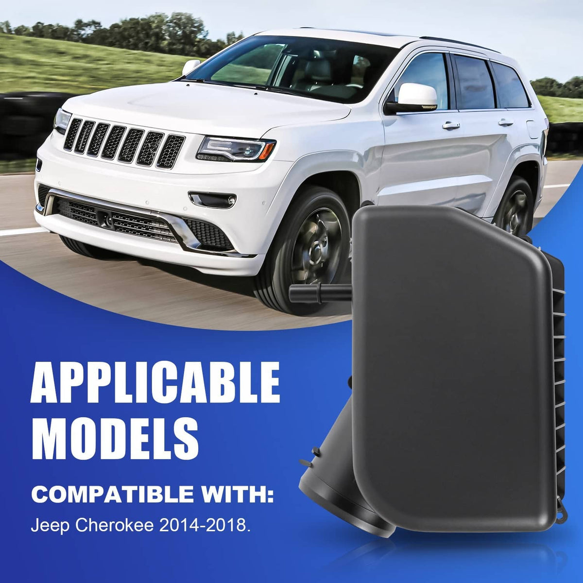 Black air filter housing with rectangular base and curved intake outlet; vehicle fit view.