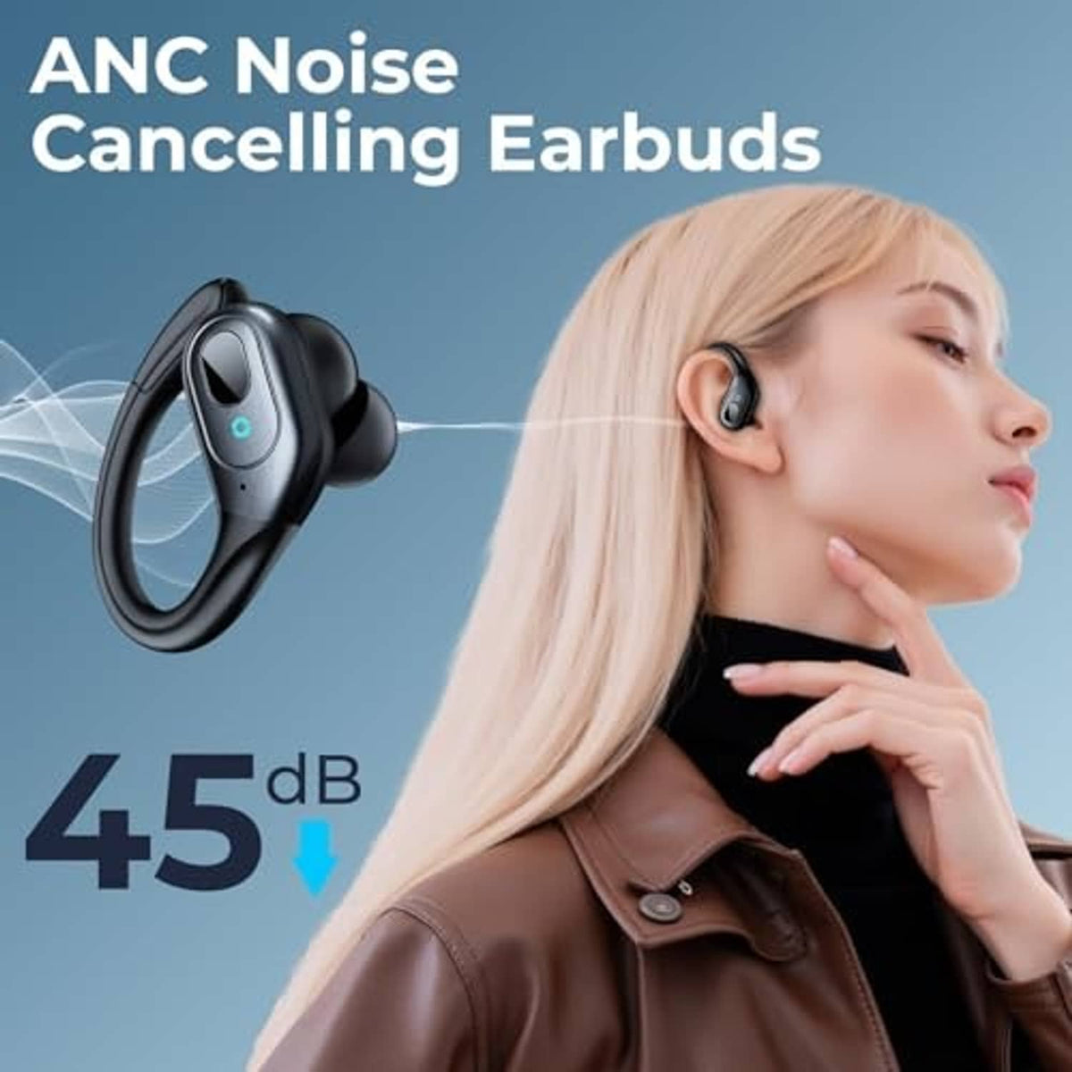 Matte black wireless earbuds in-ear with sound wave lines