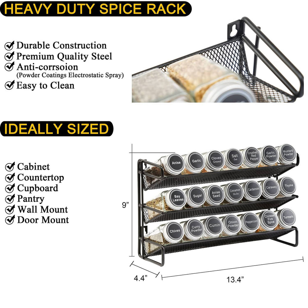 Black metal spice rack organizer holding 21 labeled jars, compact under-counter size