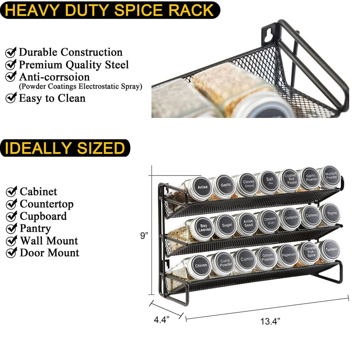 Black metal spice rack organizer holding 21 labeled jars, compact under-counter size