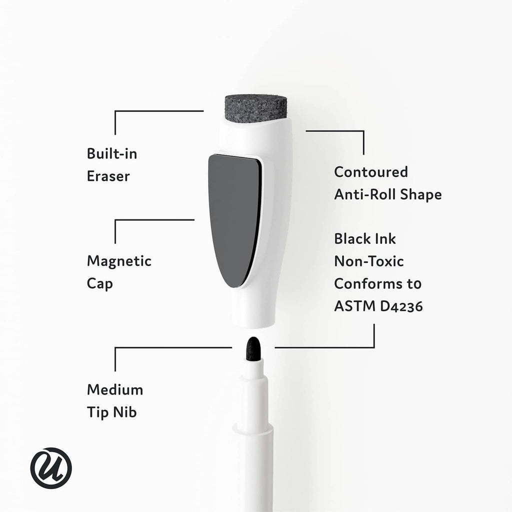 White dry erase marker with built-in eraser, black ink, and magnetic cap