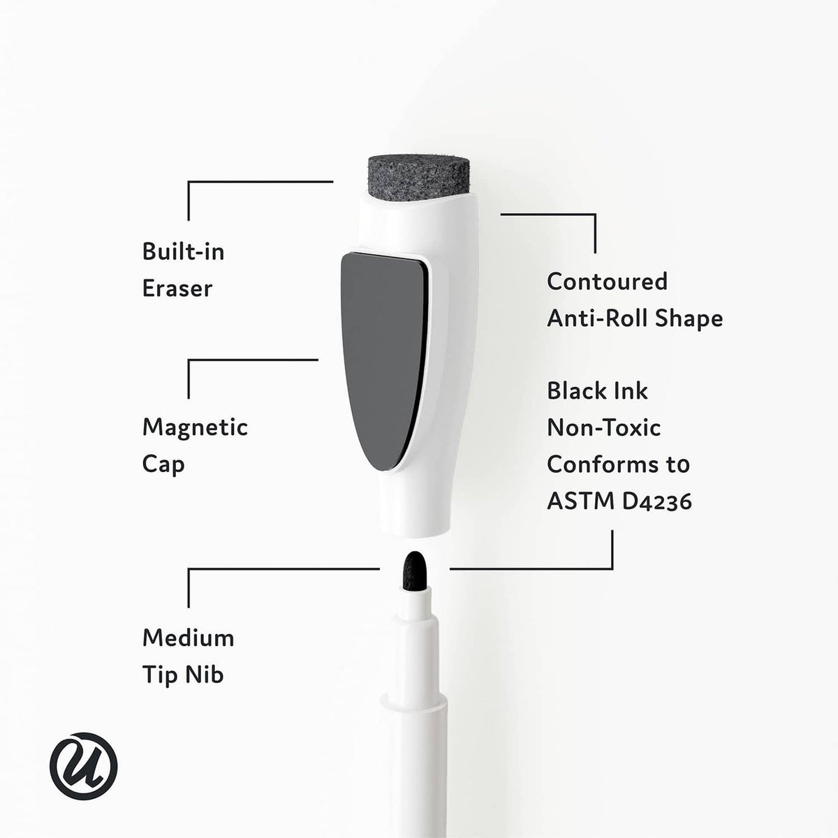 White dry erase marker with built-in eraser, black ink, and magnetic cap