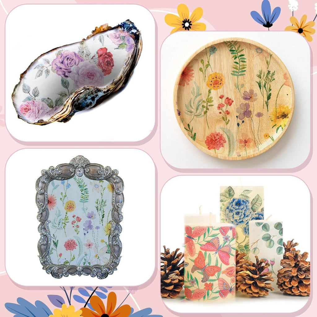 Floral decoupage paper napkins applied to plates and decor, rose and botanical prints