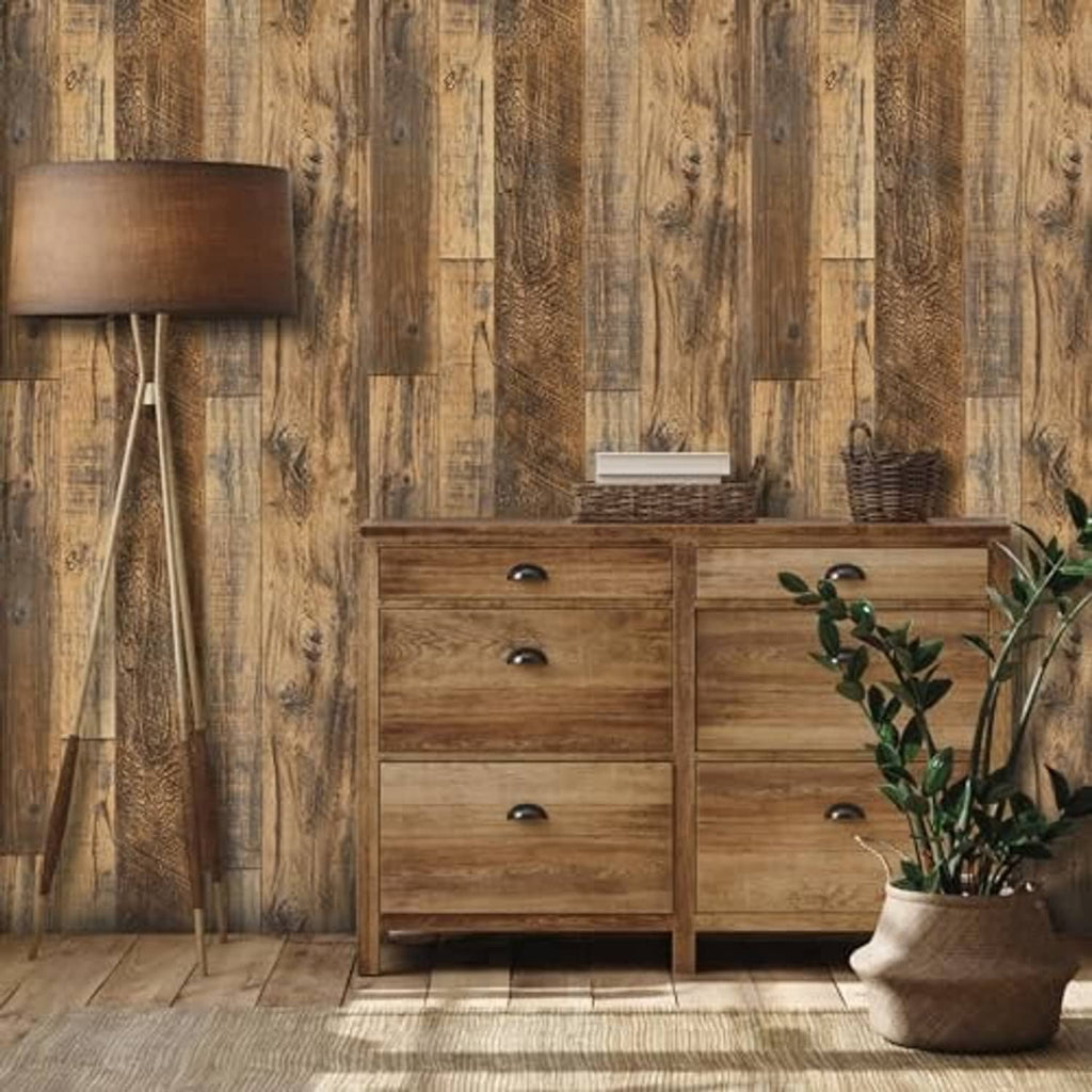 Shiplap wood wallpaper on wall with mixed light and dark brown plank boards