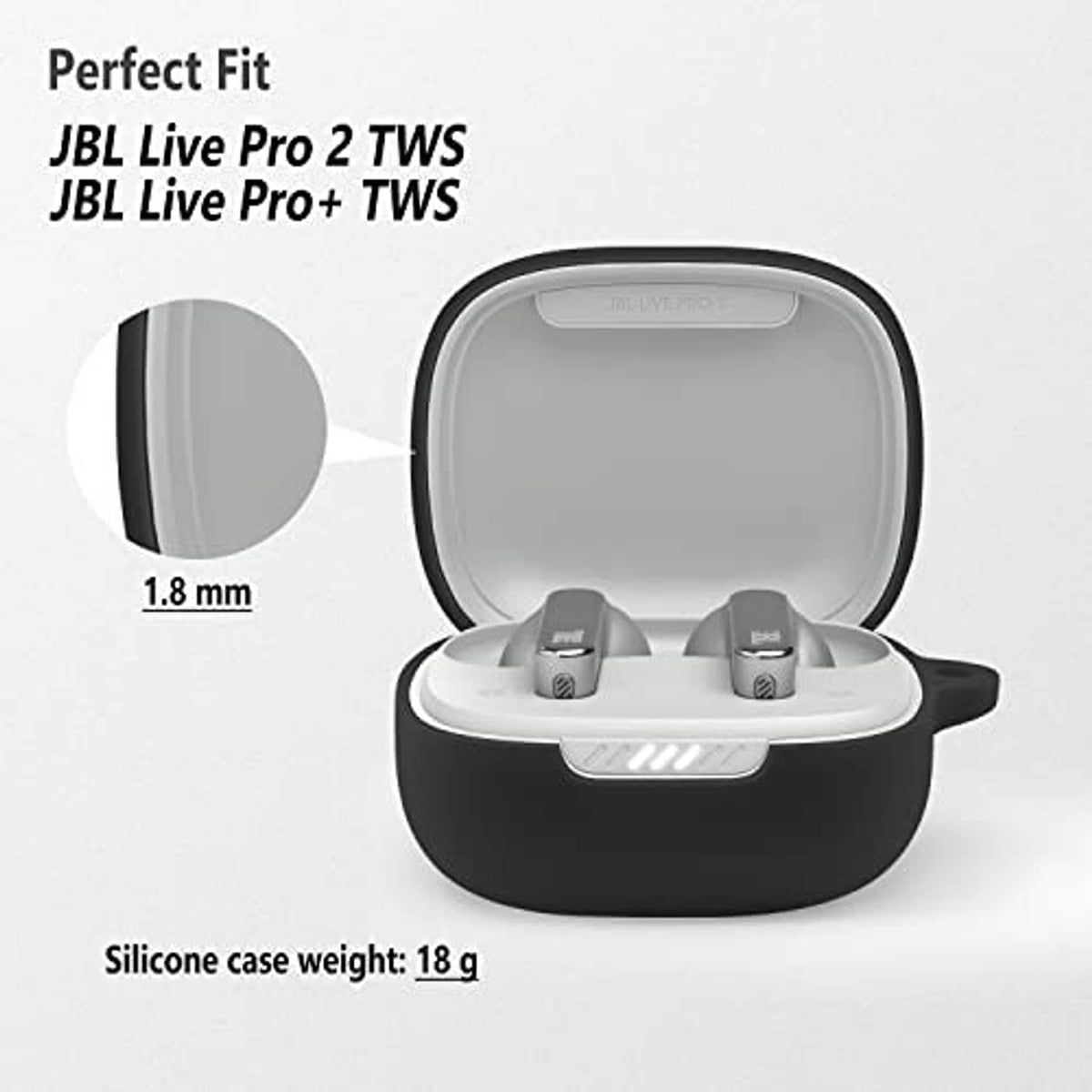 Black silicone earbud case open with two earbuds inside