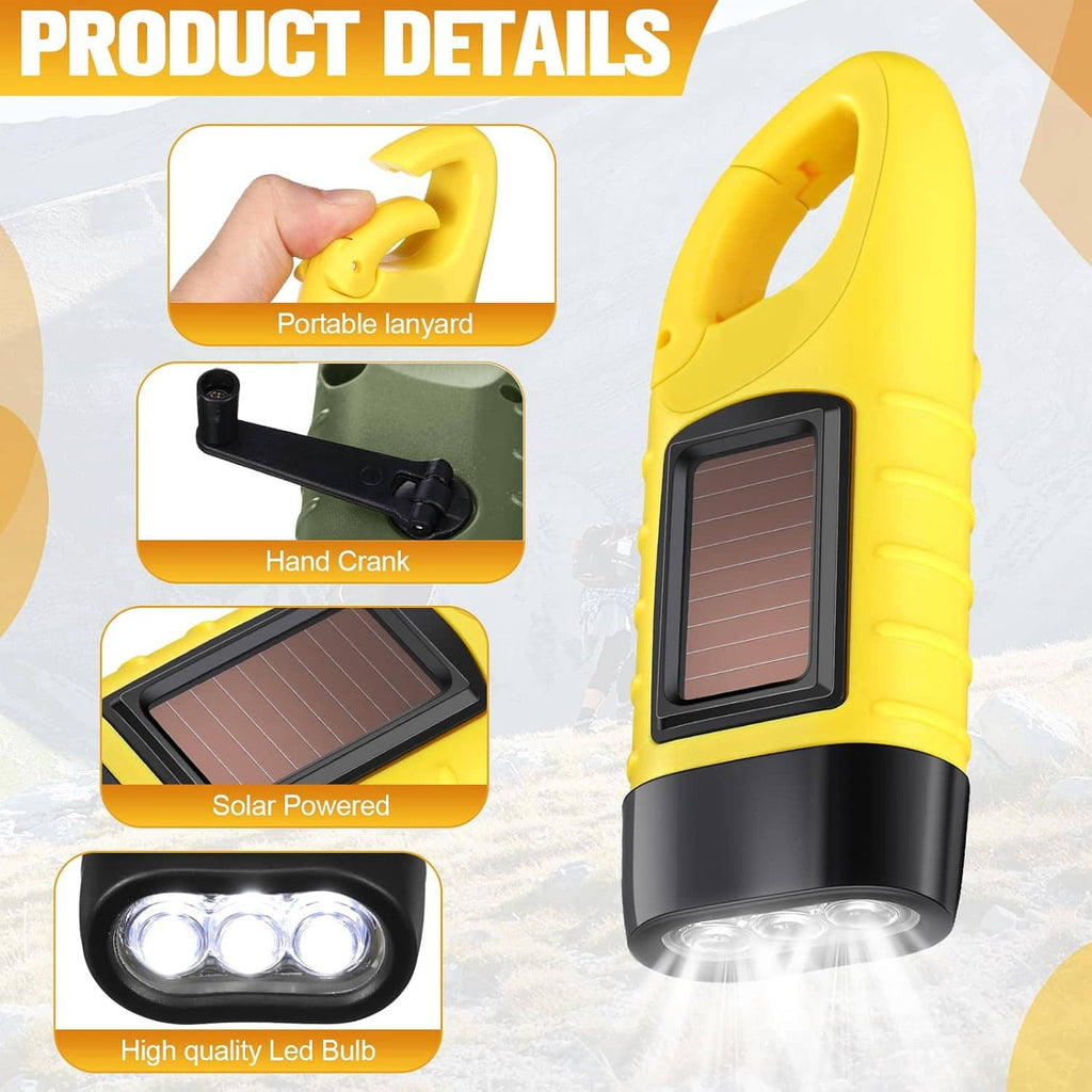 Yellow solar hand-crank flashlight with front solar panel and LED light window