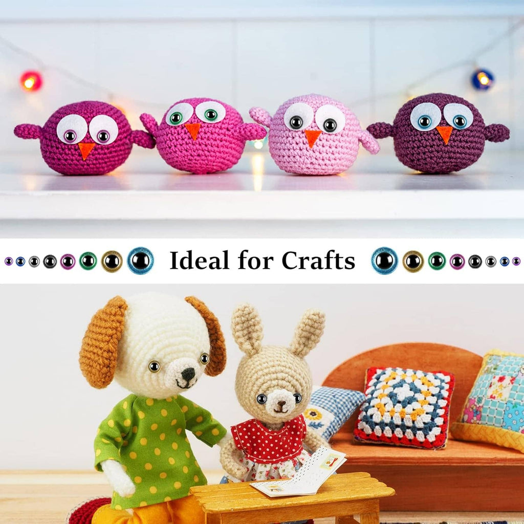 Colorful stitched plush animals with embedded safety eyes for crafts