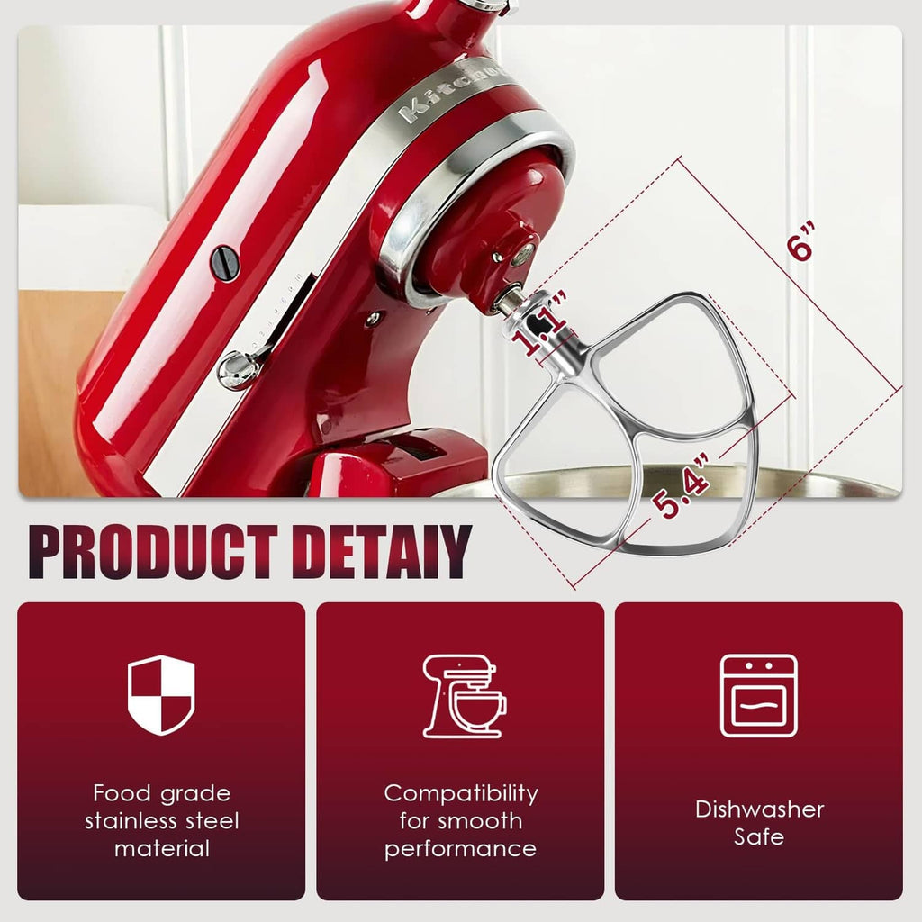 Stainless steel flat beater attachment with food-safe material and dishwasher-safe design