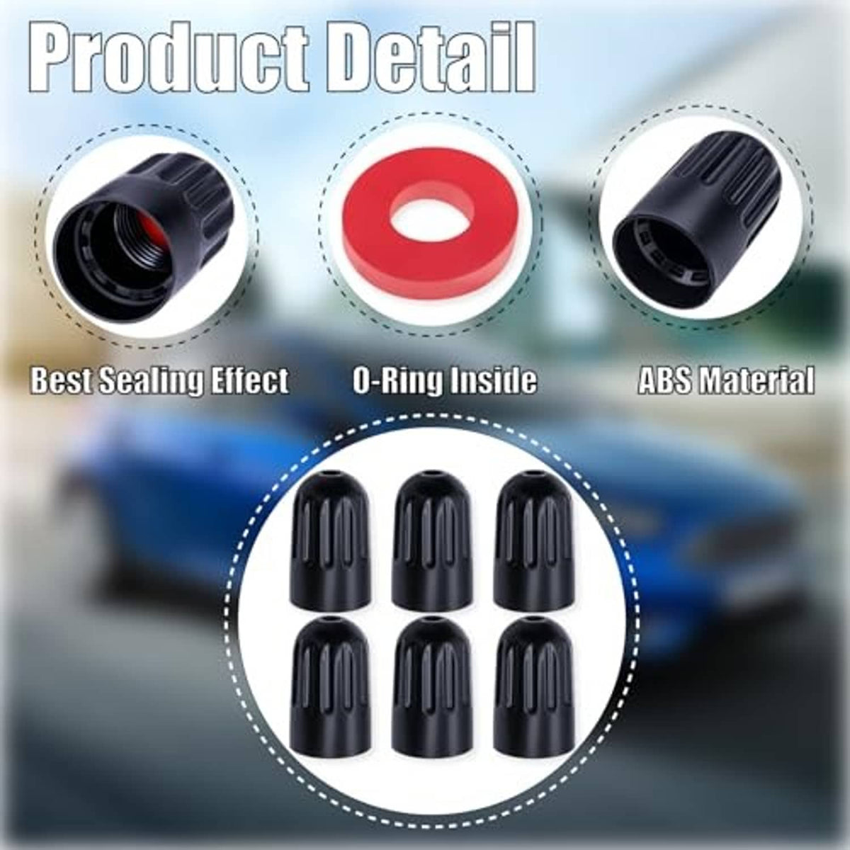Black TPMS long-stem tire valve caps with O-ring seal and ribbed surface