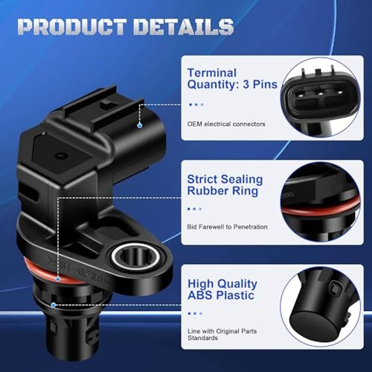 Camshaft position sensor with black housing, red seal ring, and round mounting hole