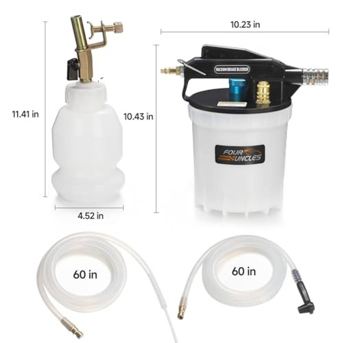 Vacuum brake fluid extractor kit with 60 in hoses, shown with size measurements