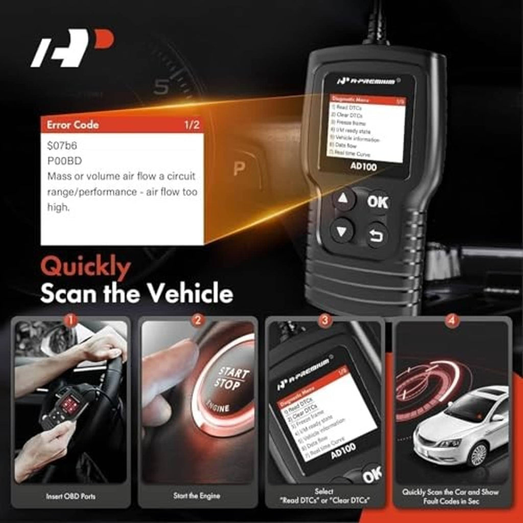 Handheld OBD2 scanner with lit screen, OK and arrow buttons, and cable plug