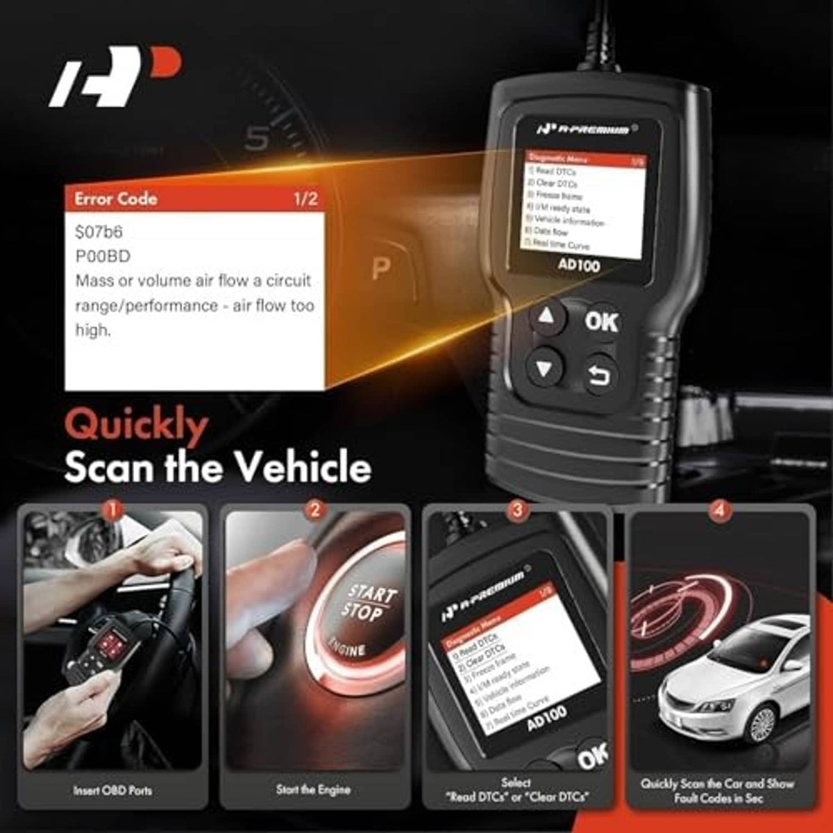 Handheld OBD2 scanner with lit screen, OK and arrow buttons, and cable plug
