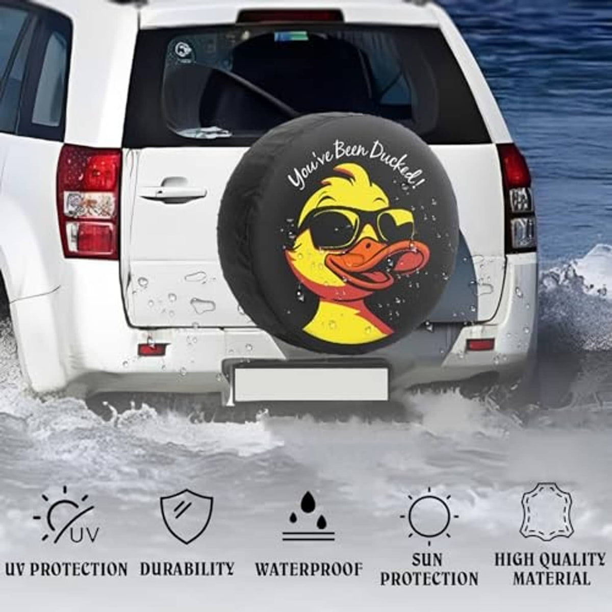 Black spare tire cover with duck face graphic on rear spare tire, waterproof look