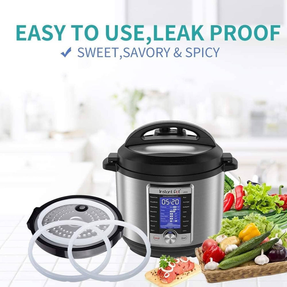 White silicone sealing gasket ring for pressure cooker lid, laid around open cooker