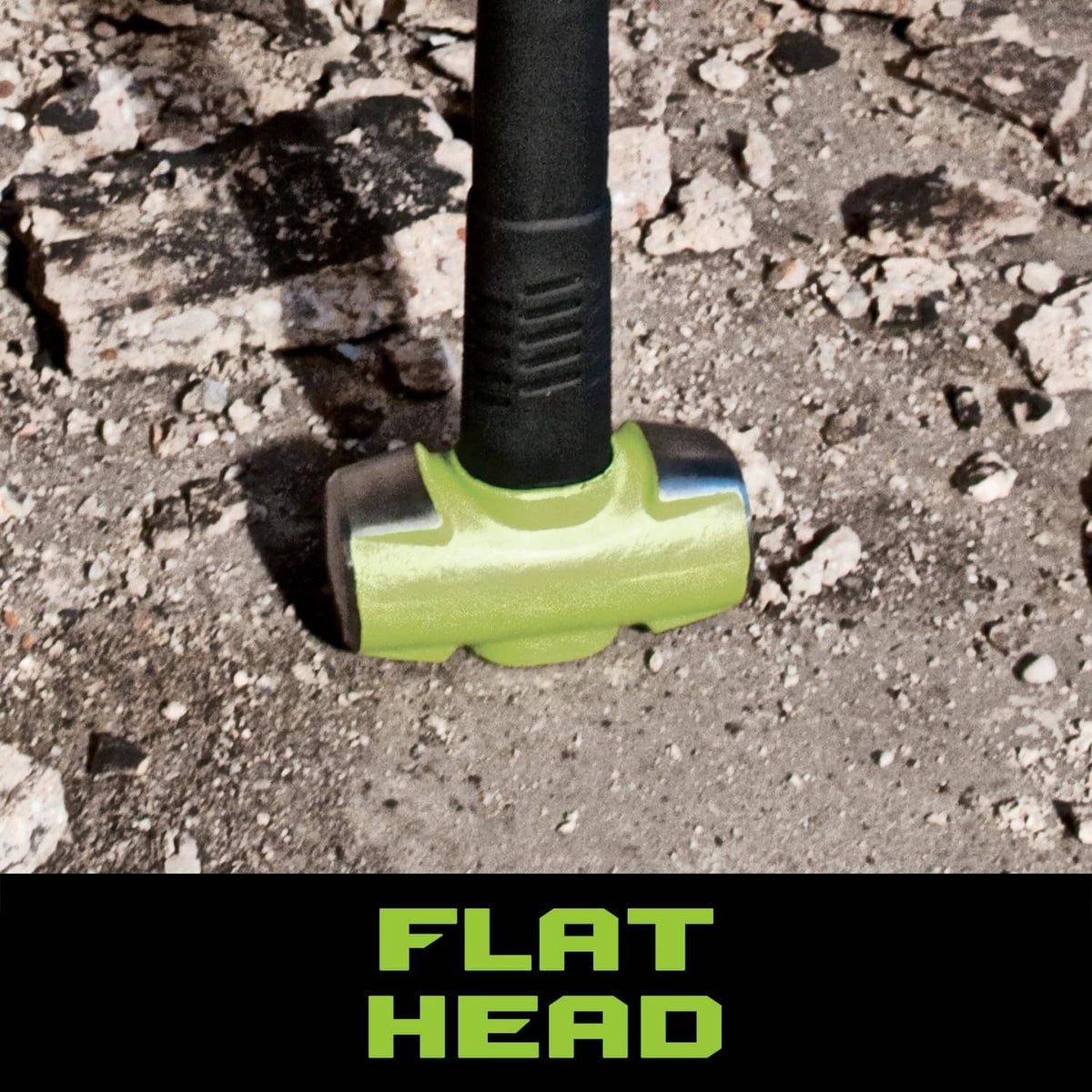 Neon green flat-face sledge hammer resting on pavement, black handle visible