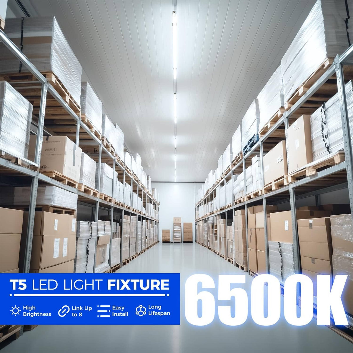 T5 LED light fixtures in a warehouse aisle, long linear ceiling units
