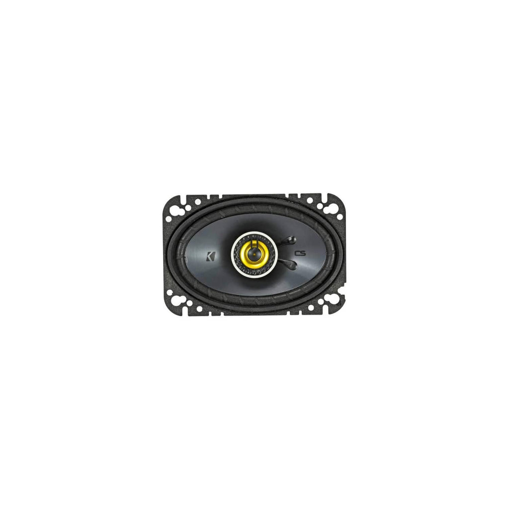 KICKER coaxial car speaker with black grille, yellow tweeter, and mounting gasket