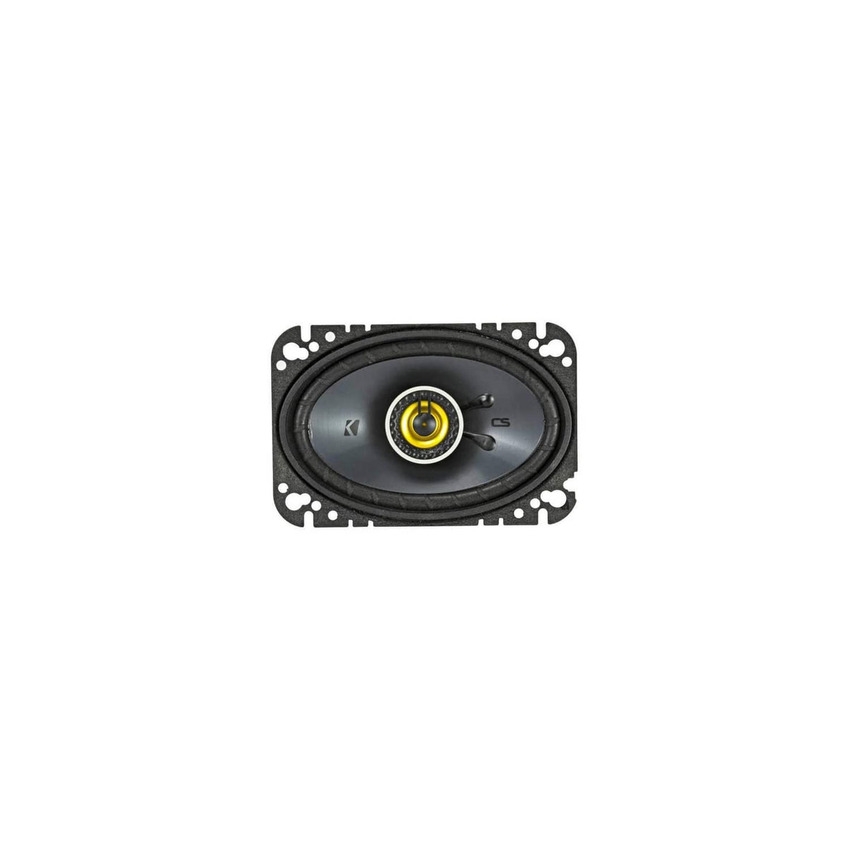KICKER coaxial car speaker with black grille, yellow tweeter, and mounting gasket