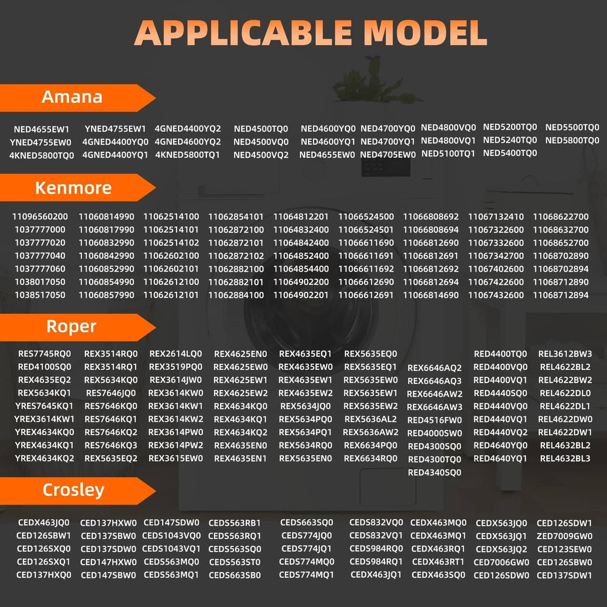 Dryer heating element compatible Amana model list infographic