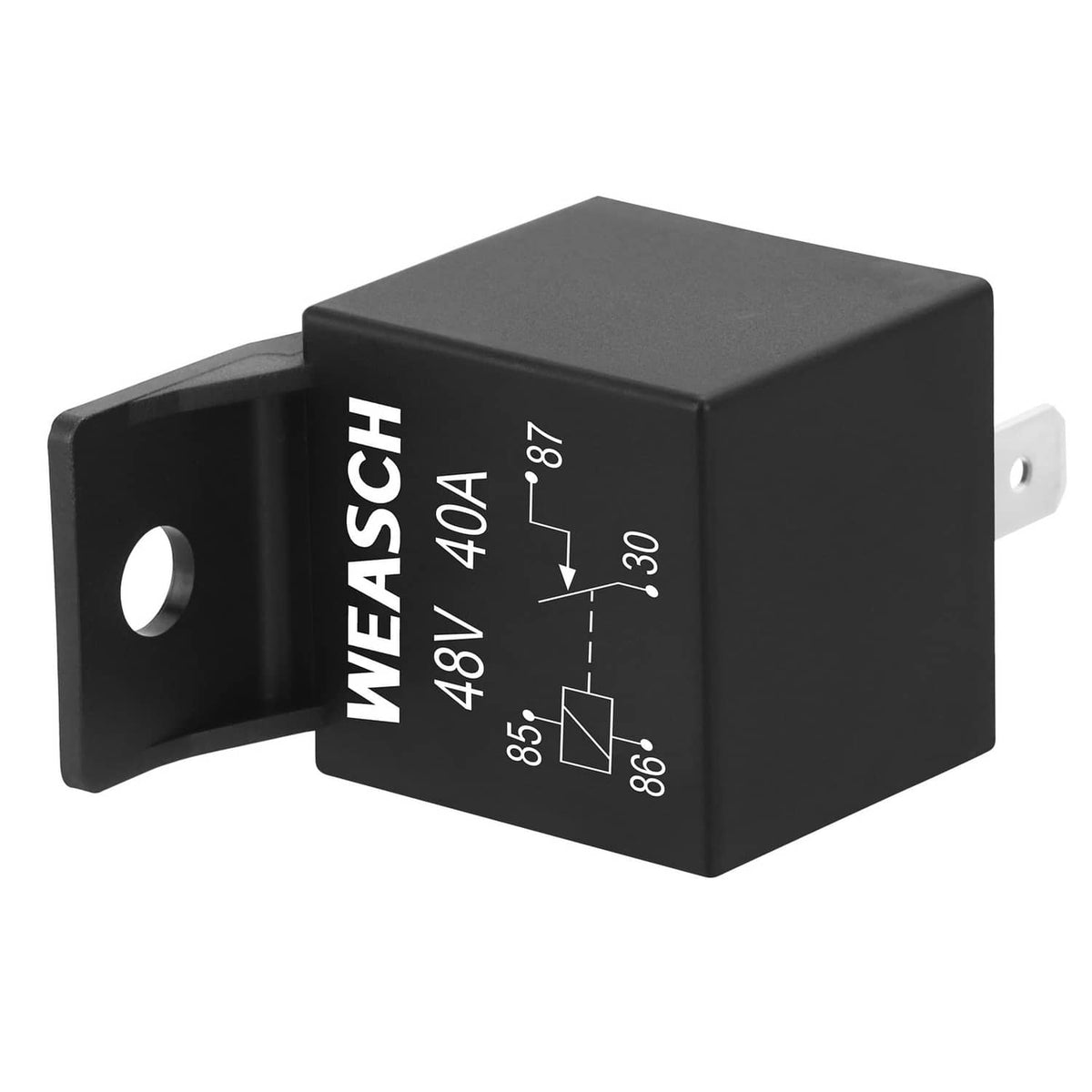 Black Weasch relay with 48V 40A text, 86/87/85/30 terminals, mounting bracket