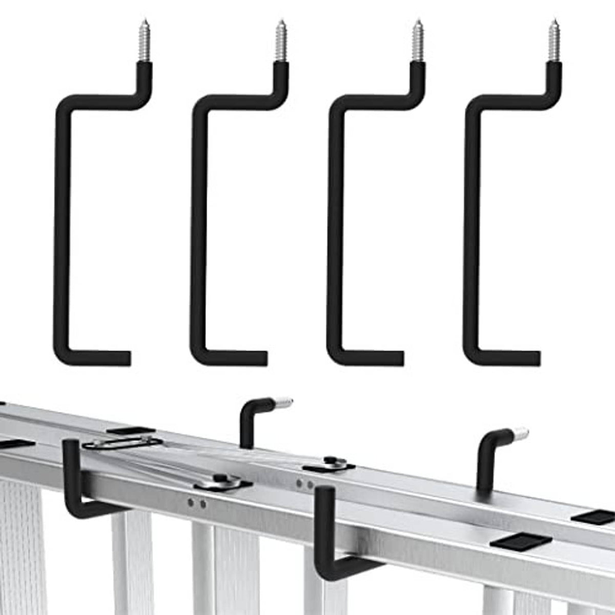 Black screw-in ladder hooks, four hooks mounted on a metal rack rail