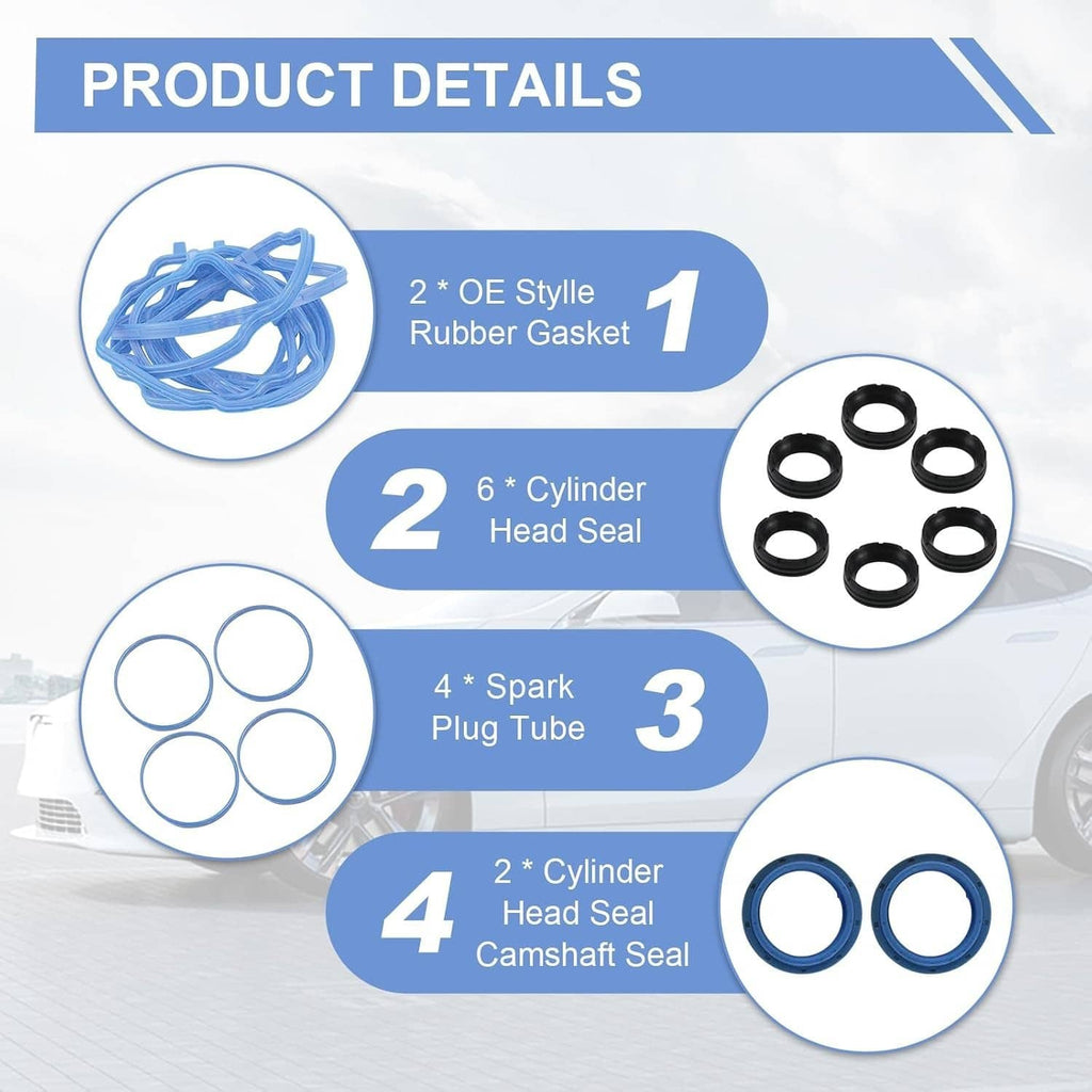 Valve cover gasket kit parts: blue head seals, spark plug seals, and camshaft seals