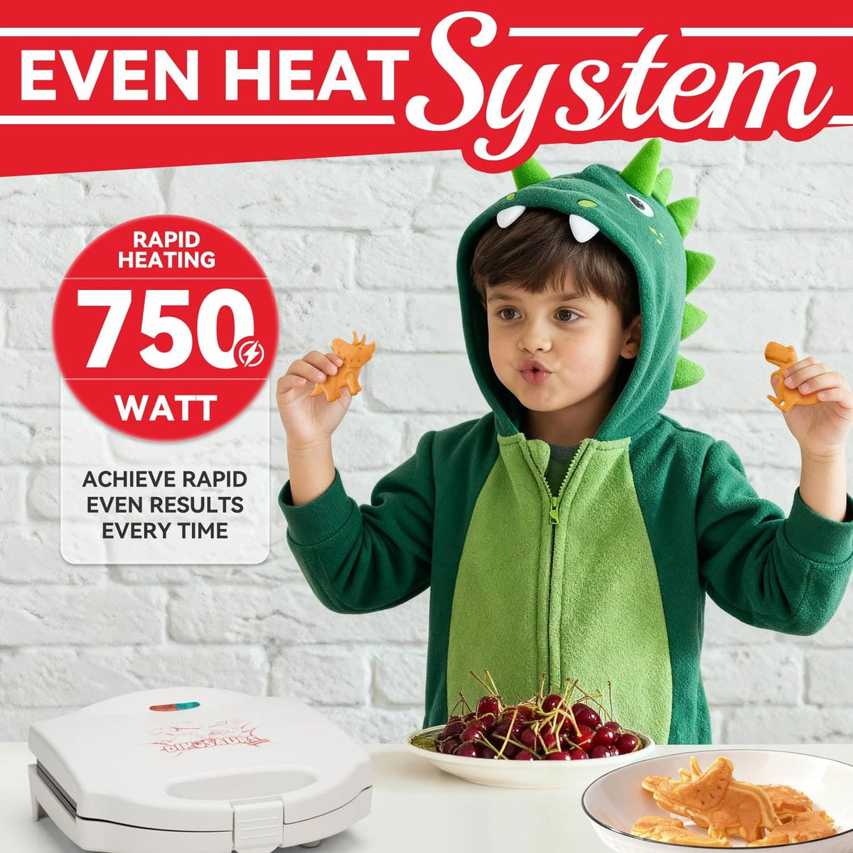 White dinosaur mini waffle maker with hinged lid and dinosaur-themed cooking plate