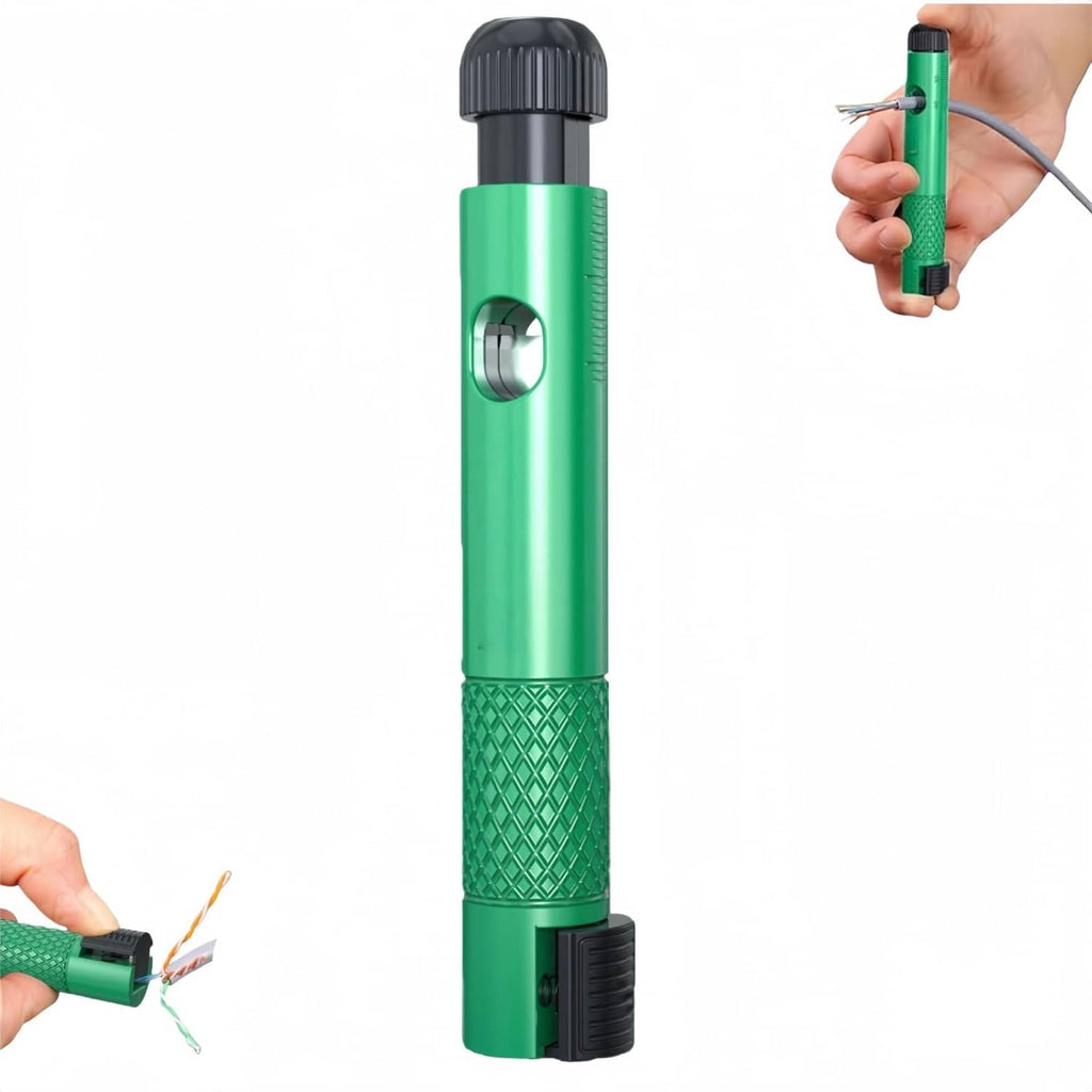 3-in-1 rotary network cable stripper with green body and black end cap, wires ready