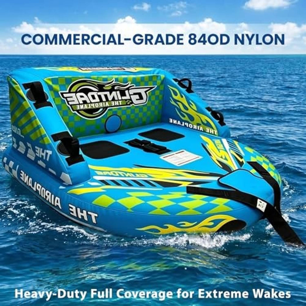 Inflatable towable tube with GLINTDAE logo, blue and neon checkered panels, tow straps