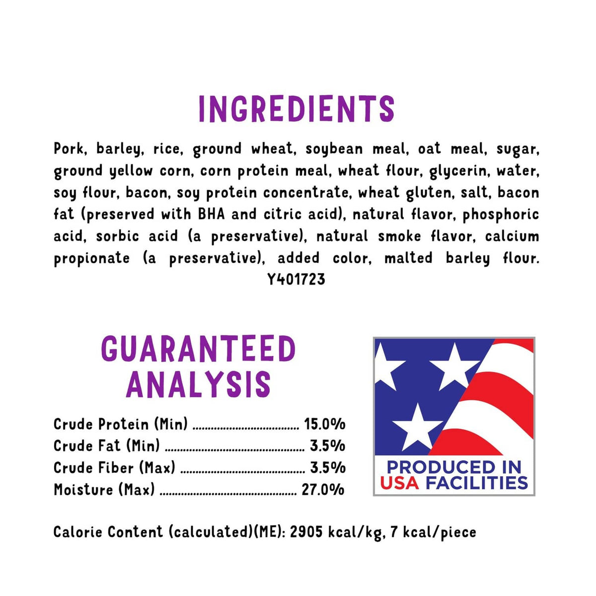 Dog treat ingredients and guaranteed analysis panel on back of yellow pouch